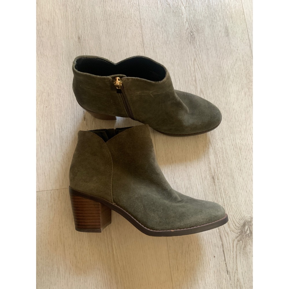 Land's end Olive Green Suede Ankle Boots Block Heel Zip Up Womens 8.5 B Leather